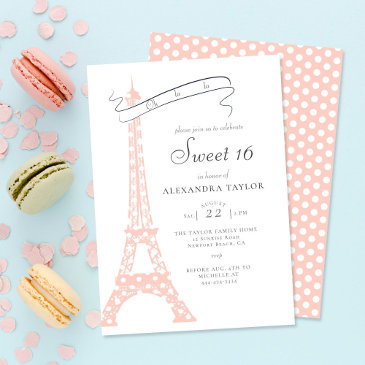 chic calligraphy eiffel paris polka dots sweet 16 invitation