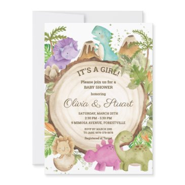 chic dinosaurs girl baby shower greenery chevron invitation