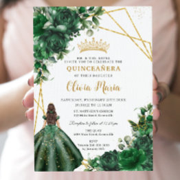 Small Chic Emerald Green Flowers Floral Quinceañera Invitation Front View