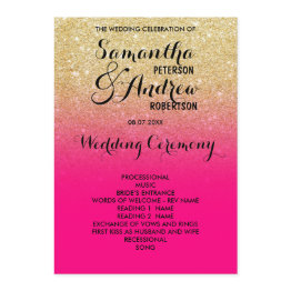 Small Chic Faux Gold Glitter Hot Pink Wedding Program Front View