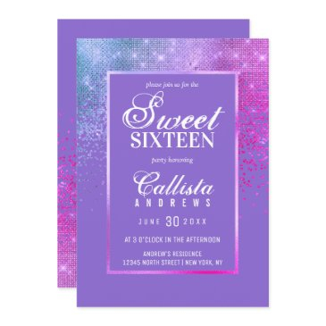 chic girly blue purple glitter confetti sweet 16 invitation