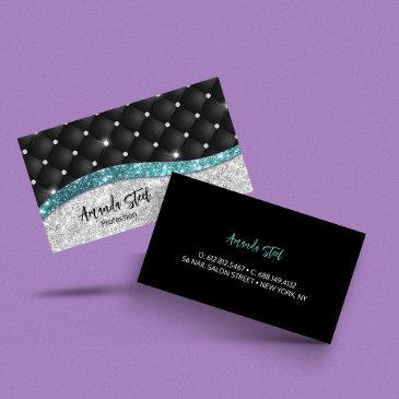 chic girly faux silver glitter black teal monogram business invitations