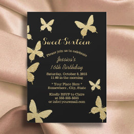 Small Chic Gold Butterflies Sweet 16 Invitations Front View
