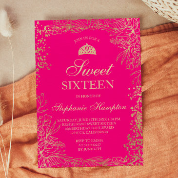 chic gold floral neon pink tiara chic sweet 16 invitation