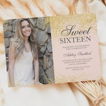 chic gold glitter chic blush pink photo sweet 16 invitation