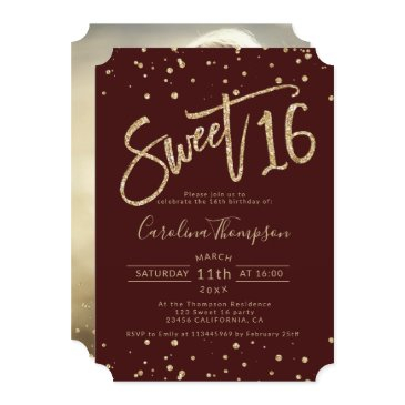 chic gold glitter confetti burgundy sweet 16 photo invitation
