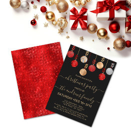 Small Chic Gold Red Silver Glitter Ornaments Christmas Invitation Front View