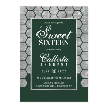 chic green silver glitter hexagon geo sweet 16 invitation