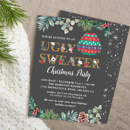 Small Chic Greenery Ugly Sweater Christmas Party Invitation Front View