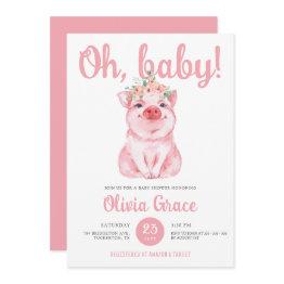 Small Chic Hot Pink Little Pig Baby Girl Baby Shower Invitation Front View