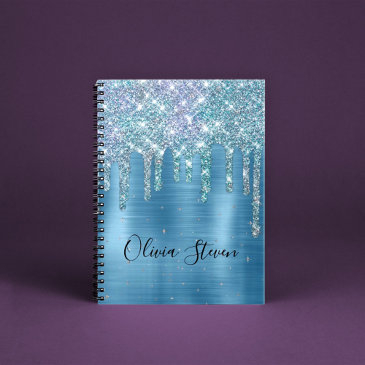chic ice blue aqua dripping glitter monogram notebook