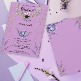 Small Chic Lavender Floral Gold Glitter Graduation Party Invitation Front View
