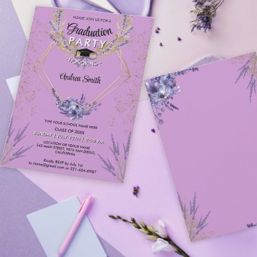 chic lavender floral gold glitter graduation party invitation