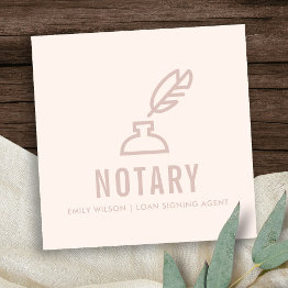 Small Chic Minimal Pink Blush Feather Nib Inkpot Notary Square Business Invitations Front View