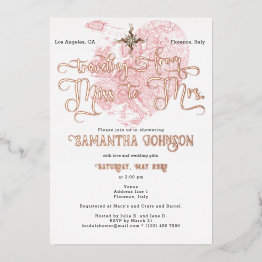 Small Chic Miss To Mrs ♥ Heart Map Travel Bridal Shower Foil Invitation Front View