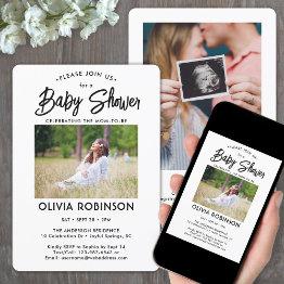 Small Chic Modern Script 2 Photo Minimal Baby Shower Invitation Front View