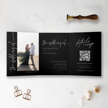 chic modern simple photo black and white wedding tri-fold invitation