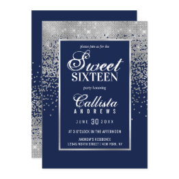 Small Chic Navy Blue Silver Glitter Confetti Sweet 16 Invitation Front View