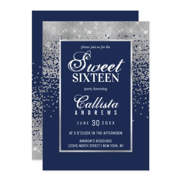 chic navy blue silver glitter confetti sweet 16 invitation