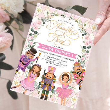 chic nutcracker party soft pink floral birthday invitation