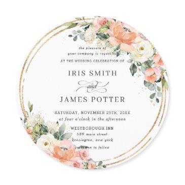 chic peach ivory blush pink floral gold wedding invitation
