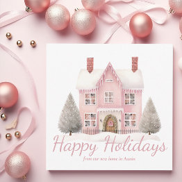 Small Chic Pink Christmas House Trendy New Home Address Holiday Invitations Front View