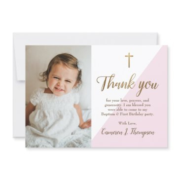 chic pink gold modern first birthday baptism photo thank you invitations