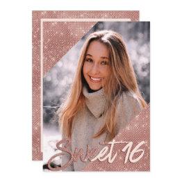 Small Chic Pink Rose Gold Glitter Border Photo Sweet 16 Invitation Front View