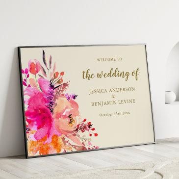 chic pink watercolor floral wedding welcome sign