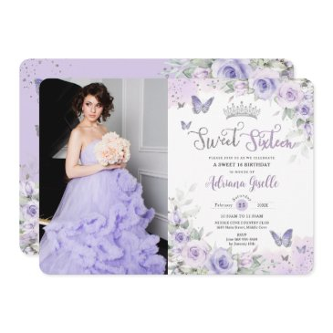 chic purple floral butterflies sweet sixteen photo invitation