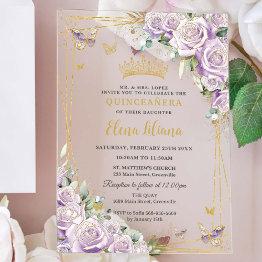 Small Chic Purple Lilac Roses Floral Gold Quinceañera Xv Acrylic Invitations Front View