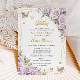 Small Chic Purple Lilac Roses Floral Gold Quinceañera Xv Invitation Front View