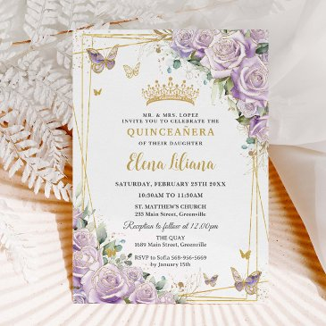chic purple lilac roses floral gold quinceañera xv invitation