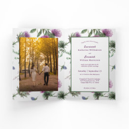 Small Chic Purple Thistle Customizable Bifold Wedding Invitation Front View