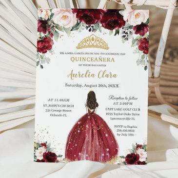 chic quinceañera burgundy blush floral princess invitation