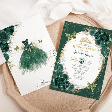 chic quinceañera emerald green floral butterfly invitation
