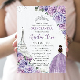Small Chic Quinceañera Purple Floral Paris Eiffel Silver Invitation Front View