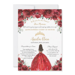 Small Chic Quinceañera Red Floral Dama Proposal Request Invitation Front View