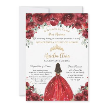 chic quinceañera red floral dama proposal request invitation