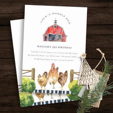 chic red barn chicken farm watercolor birthday invitation