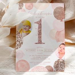 Small Chic Rose Gold Glitter Pink Balloon Photo First Invitation Front View