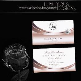 Small Chic Rose Gold White With Logo And Sparkly Diamond Business Invitations Front View