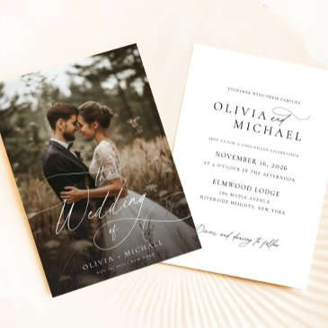 chic rustic script photo wedding invitation