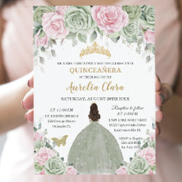 Small Chic Sage Green Baby Pink Floral Gold Quinceañera Invitation Front View