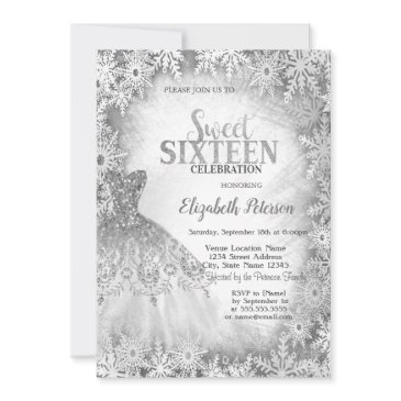 chic silver glitter dress snowflakes sweet 16 invitation