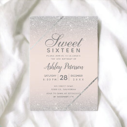 Small Chic Silver Glitter Script Blush Pink Sweet 16 Invitation Front View