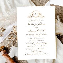 Small Chic White And Gold Monogram, Calligraphy Wedding Invitation Front View