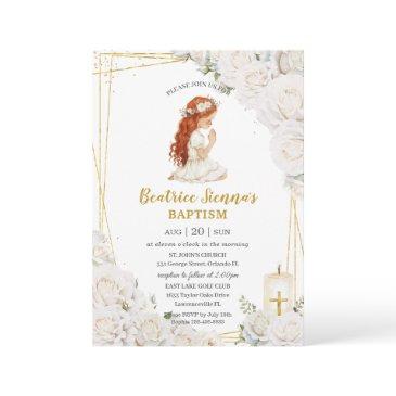 chic white floral baptism christening praying girl invitation