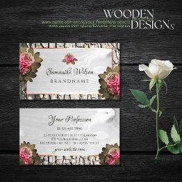 Small Chic White Wood Grain Pink Roses Natural Tree Bark Business Invitations Front View