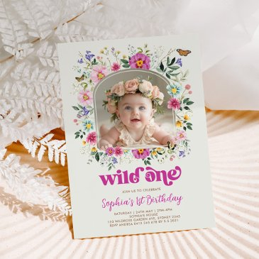 chic wild one spring wildflower 1st birthday photo invitation